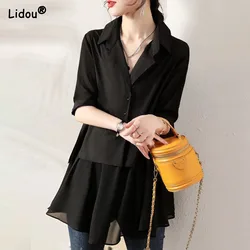 Single Breasted Thin Solid Cotton Spliced Women Shirt V-Neck Slim Pleated Summer Office Lady Women's Clothing 2022 New Fashion