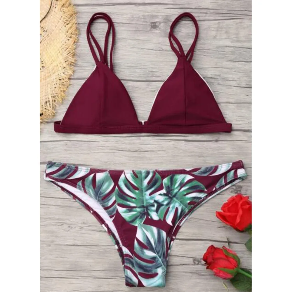 Conjunto de Tankinis con estampado de hojas, conjunto de Bikini estilo Push Up Sexy, ropa de playa para vacaciones de verano, conjunto de dos piezas, traje de baño brasileño