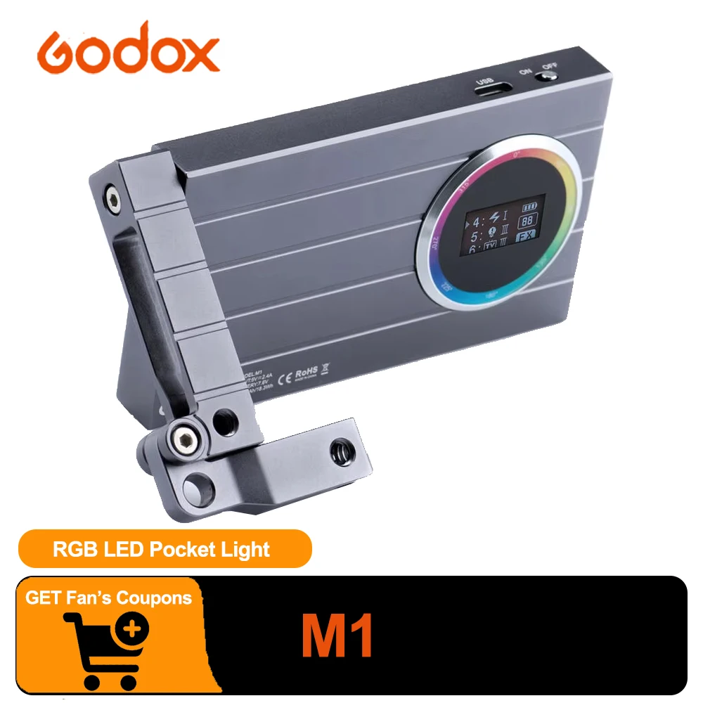 Godox M1 LED Pocket Light 2500K-8500K RGB Full Color 13w Video Light with Articulating Bracket