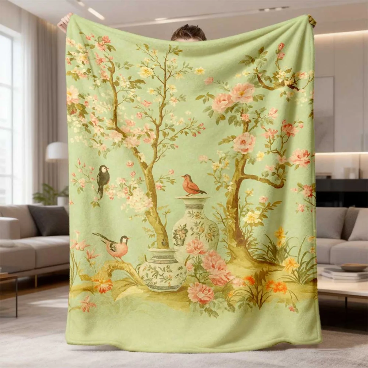 Soft Pale Green Backdrop Vintage Flower Tree Ceramic Vase Small Bird Oriental Floral Full Print Fluffy Blanket Couch Cover Gift