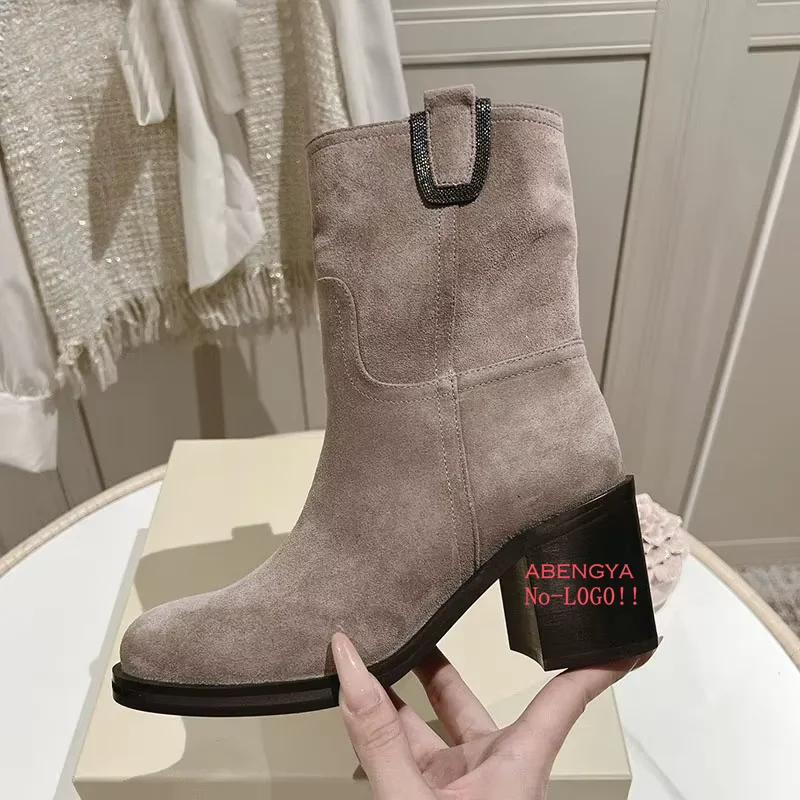 2026 Winter New Suede Middle Boots Women Round Toe High Heels Short Ankle Boots Designer Casual Party Chelsea Boots For Women