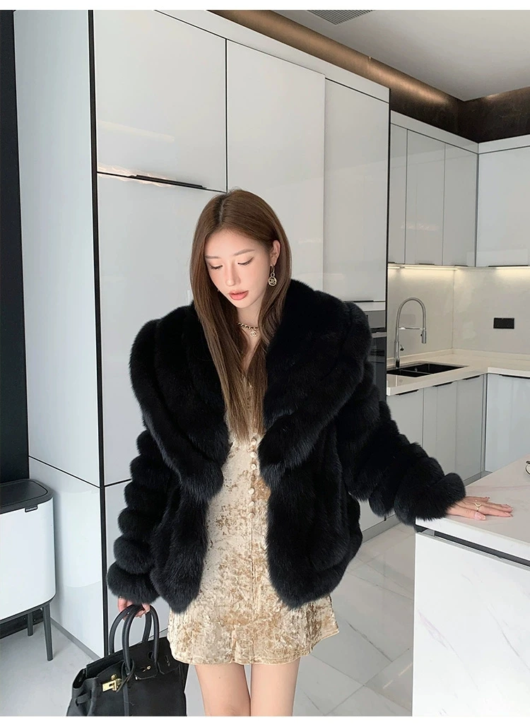 ملابس نسائية شتوية معطف فرو الثعلب الحقيقي شريط عمودي سترة فرو الثعلب الطبيعي الفاخرة الفاخرة مصمم ملابس خارجية سميكة ودافئة