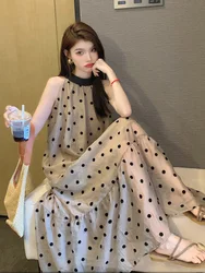 Woman Dress Sleeveless Polka Dot Bandage Halter Ruffles Stand Collar Loose Sweet Elegant Dresses Female Casual