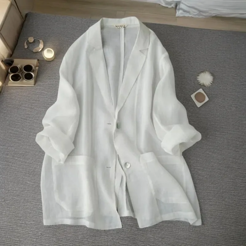 Women's New Chinese Style Linen Blazer Notched Lapel Single Breasted Lightweight Sun Protection Jacket For Spring And Fall