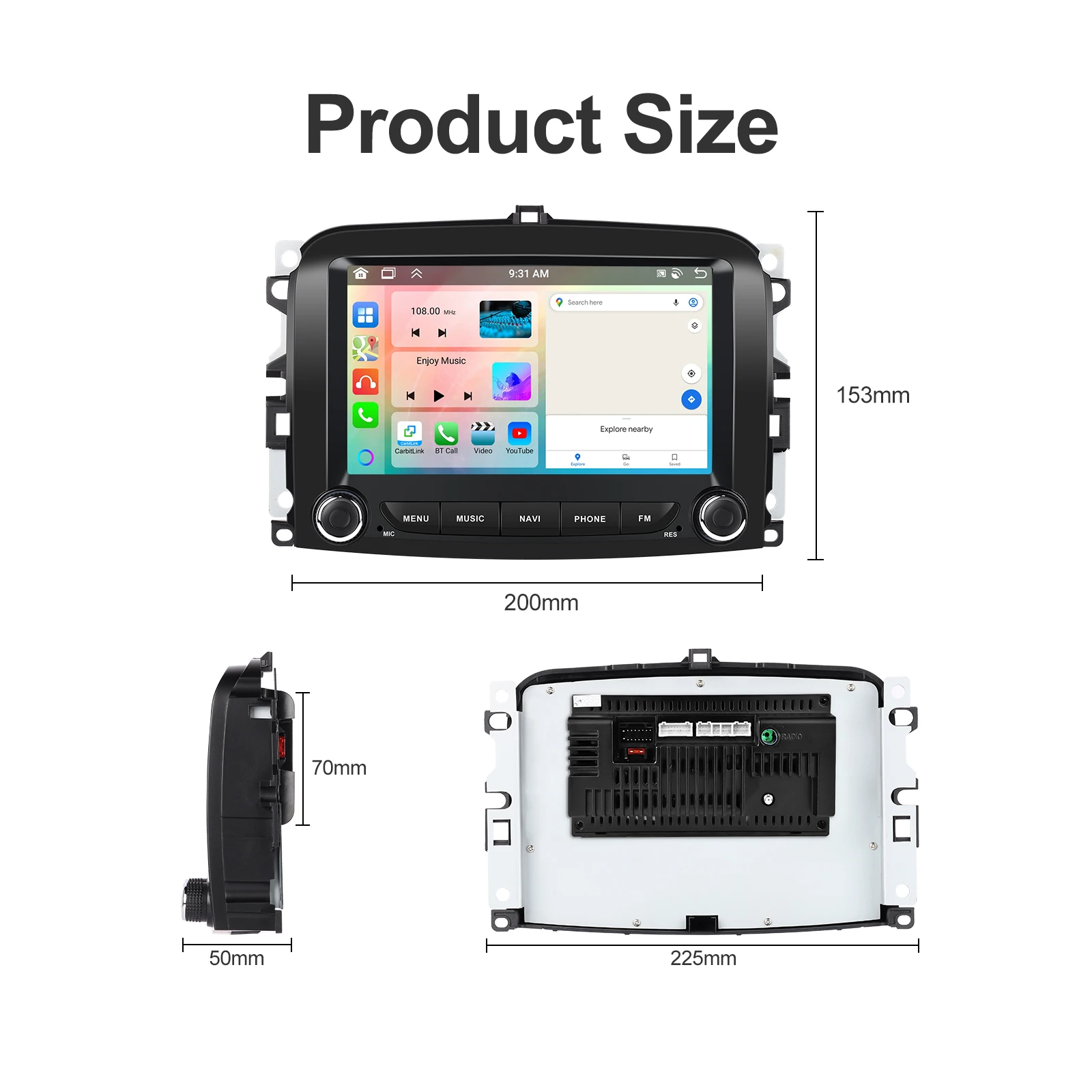 Podofo-Radio Multimedia con GPS para coche, reproductor con Android, 2 din, 7 pulgadas, 2 + 64 GB, audio estéreo, para Fiat 500L, 2013, 2014, 2015,