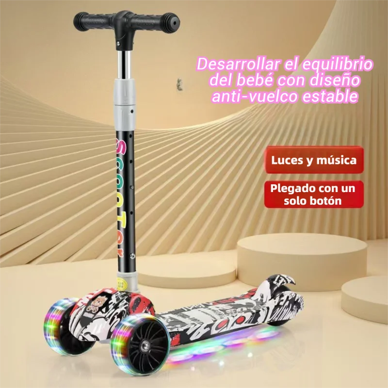 سكوتر للأطفال بتصميم جرافيتي وعجلات، مع دواسة، بنقرة واحدة قابلة للطي ومحمولة