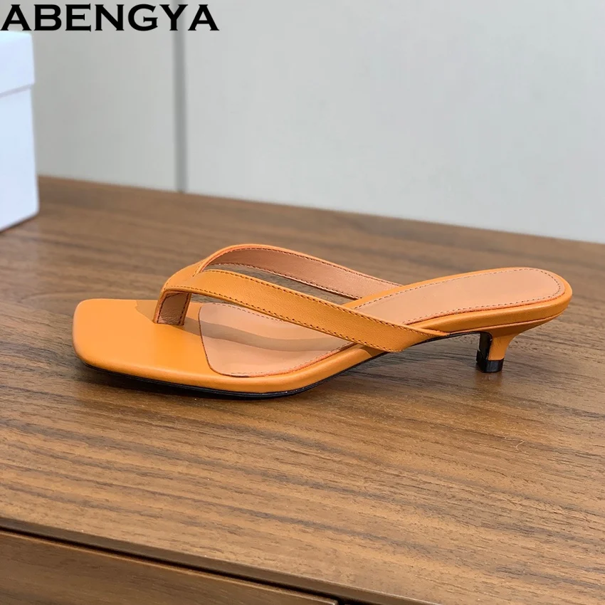 

Summer Leather Kitten Heels Slippers Women Flipflops Square Toe Slides Sexy Dress Shoes For Woman Slippers