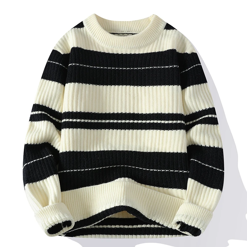 

Crewneck sweater, multi-color optional autumn and winter warm plus size base shirt men's casual striped thickened sweater 2024