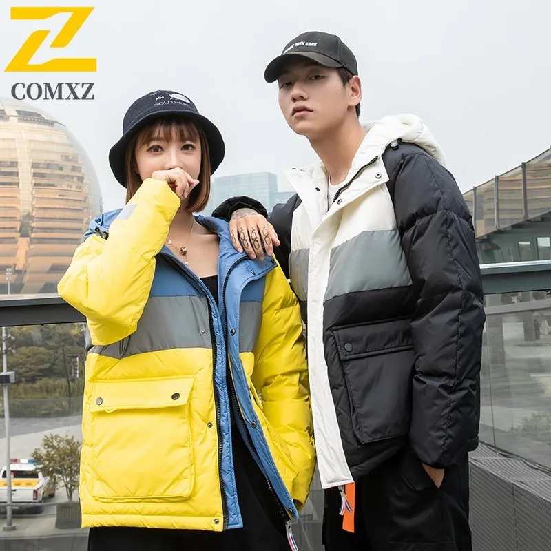COMXZ Mens Bread Jacket Color Blocking Hooded Trendy Versatile Fit Camping Trip Puffer Jacket Travel High Quality Winter Jacket