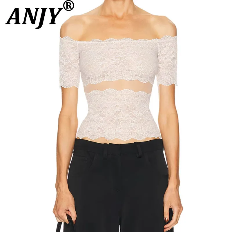 ANJY Summer New Women Elegant Lace Patchwork Sheer Slash Neck High-End Short Sleeve Top Light Luxury Stylish Sexy T-shirt A22202