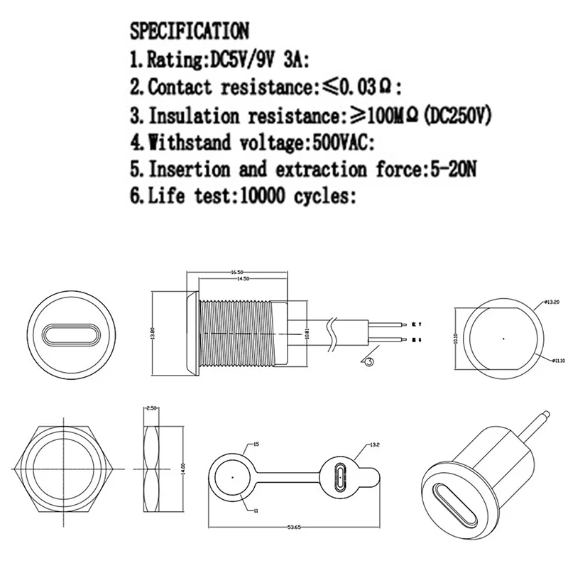 TPC 방수 고전류 고속 충전 잭 포트 USB 커넥터 타입-C 방수 PH 2.0 너트 고정 플레이트 여성형