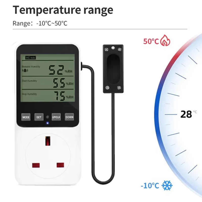 B98A-Humidity Controller Outlet 230V 13A Digital Thermostat Humidity Sensor 20- 95%RH UK Plug