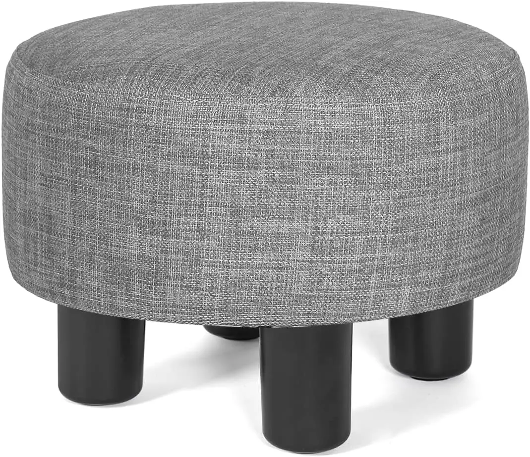 Small Foot Rest Stool Ottoman, Linen Round Short Low Foostool for Chair, Under Office Desk, Living Room