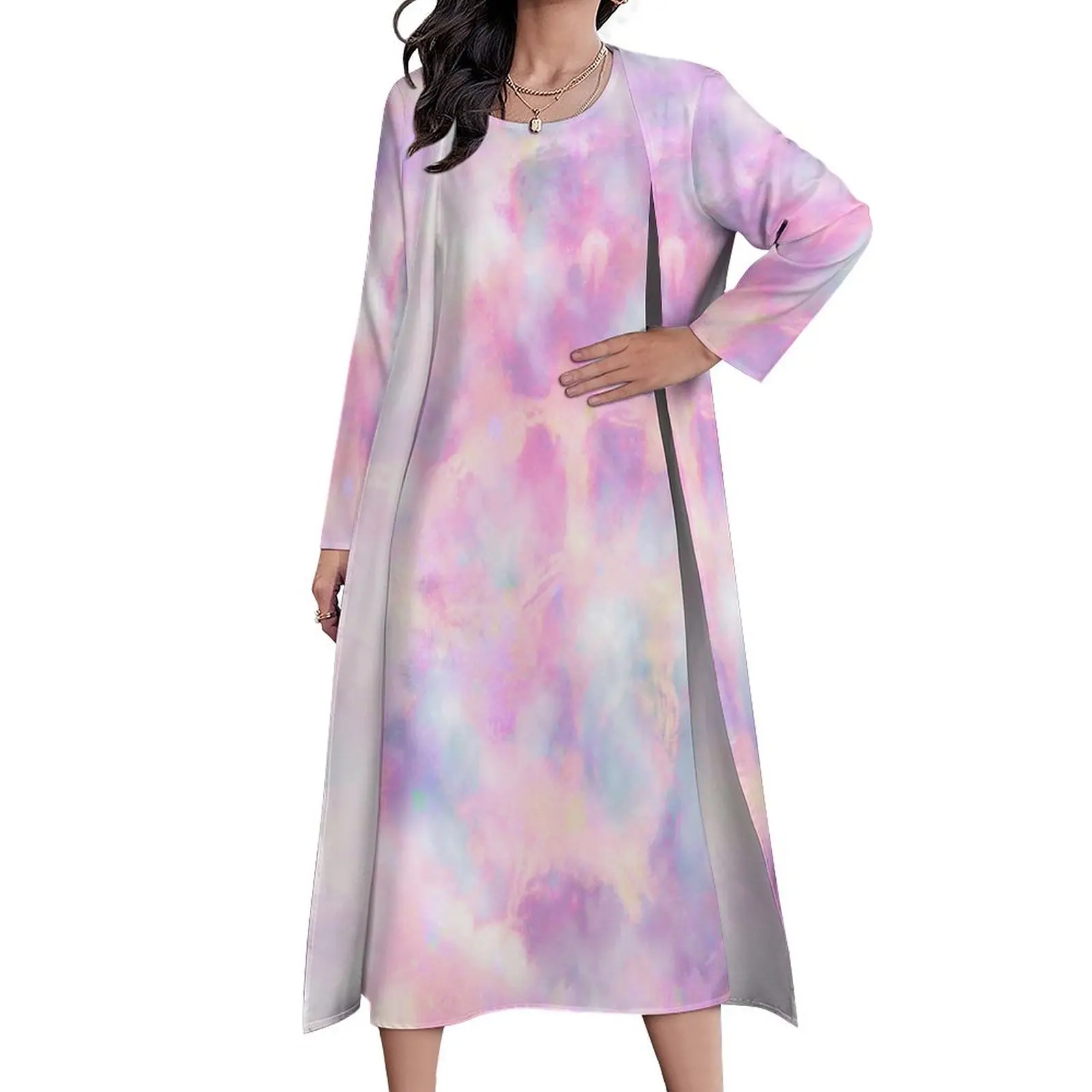 

Pink Tie Dye Dress Colorful Art Print Vintage Maxi Dress Street Style Bohemia Long Dresses Women Long Sleeve Oversized Vestido