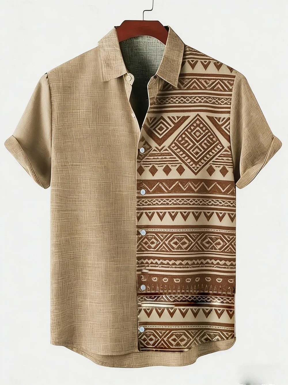 Men's short-sleeved Hawaiian style casual shirt with ethnic totem high-definition printing in natural color and black