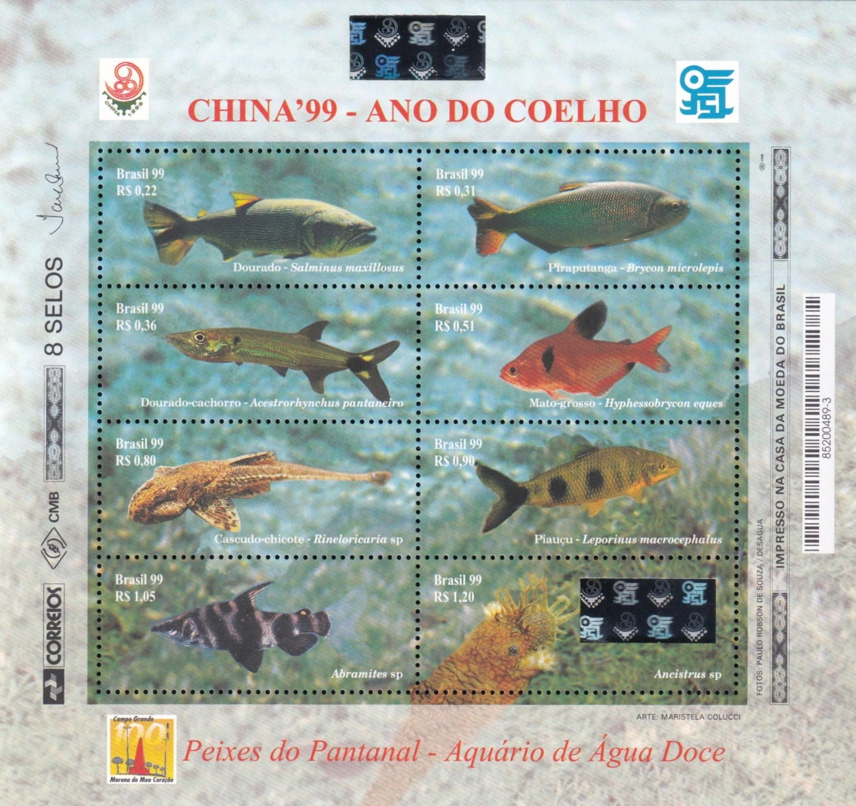 

Бразилия Почта 1999 года, выставка мира Пекина, Amazon River Fish, все новые 8, коллекционные почтовые марки, материал для скрапбукинга