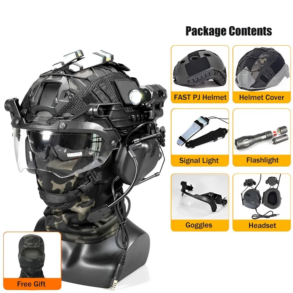 

CQB Black Airsoft Game Helmet Set FAST PJ Helmet with Helmet Cover Flashlight Tactical Headset Flip-up Goggles & Signal Lights