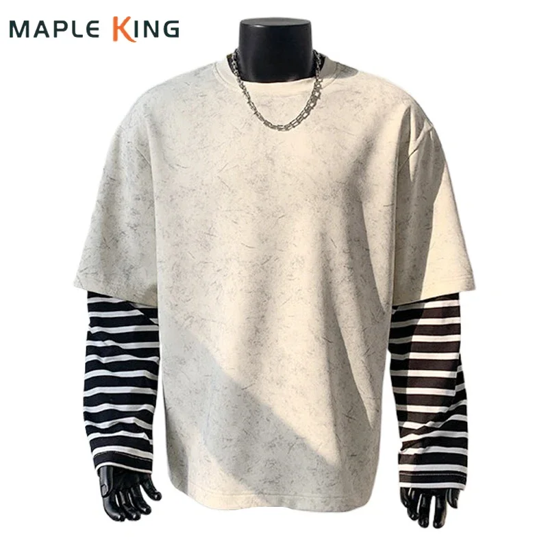 

Harajuku Полосатая лоскутная цветная футболка Мужская уличная одежда 2025 Длинный рукав Поддельные 2 шт. Хип-хоп Пара Хипстерские топы Camiseta Футболка