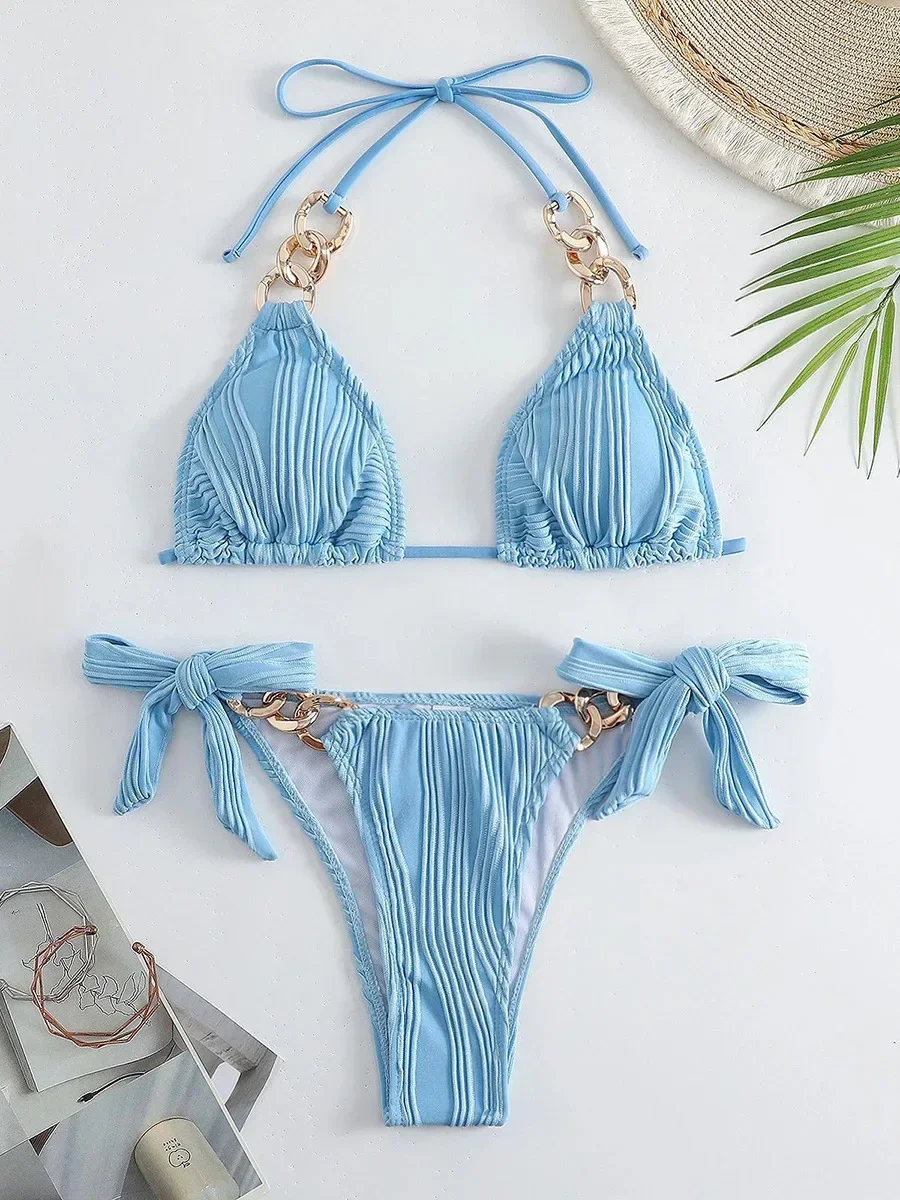 

2025 однотонный бикини с треугольными чашечками, женский купальник с лямкой на шее и кольцом, женский купальный костюм, купальный костюм, пляжная одежда