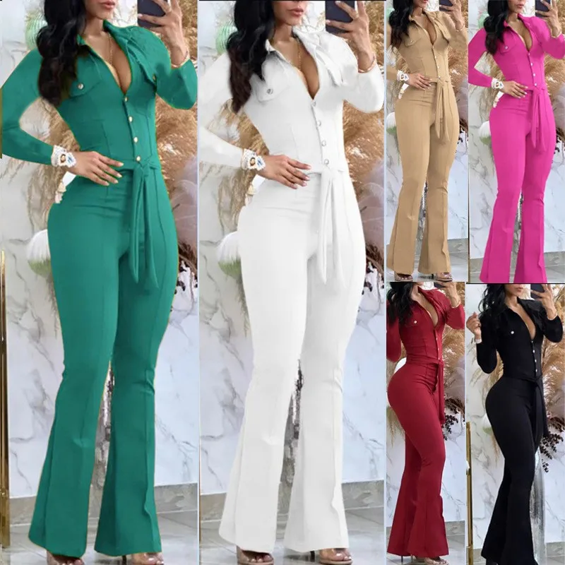 

For Woman Jumpsuit High Waist Flare Leg Button Front Jumpsuits Solid Color Deep V Neck Romper Shirt Collar Long Jumpsuit