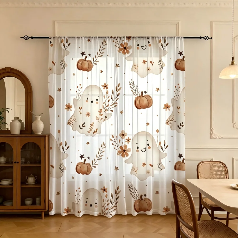 2PCS Digital Print Sheer Curtain, Harvest Ghost 2, Autumn Halloween Fall - Voile Drapes for Home Bedroom Living Room Decor