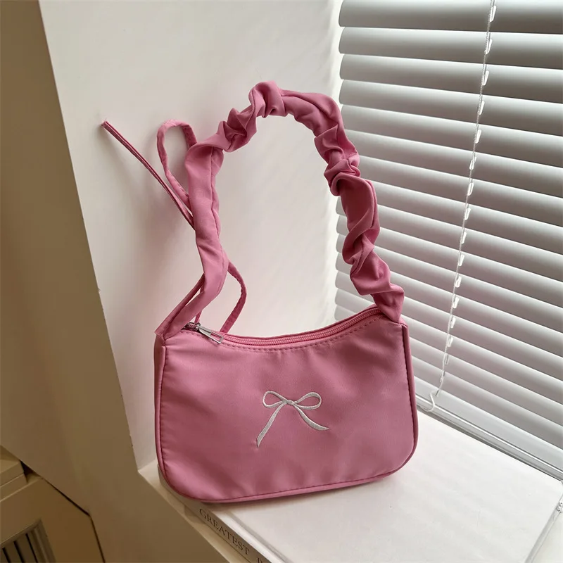 Embroidery Bow Square Shoulder Bags for Women Casual Pleated Design Ladies Underarm Bag Simple Cool Girls Handbags Phone Purse