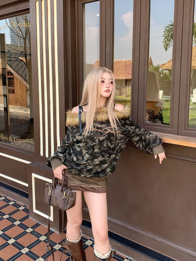 الأمريكية خمر الشارع الشهير التمويه تي شيرت المرأة عادية انحراف فو الفراء طوق قبالة الكتف مثير ريترو 2025 الخريف #3