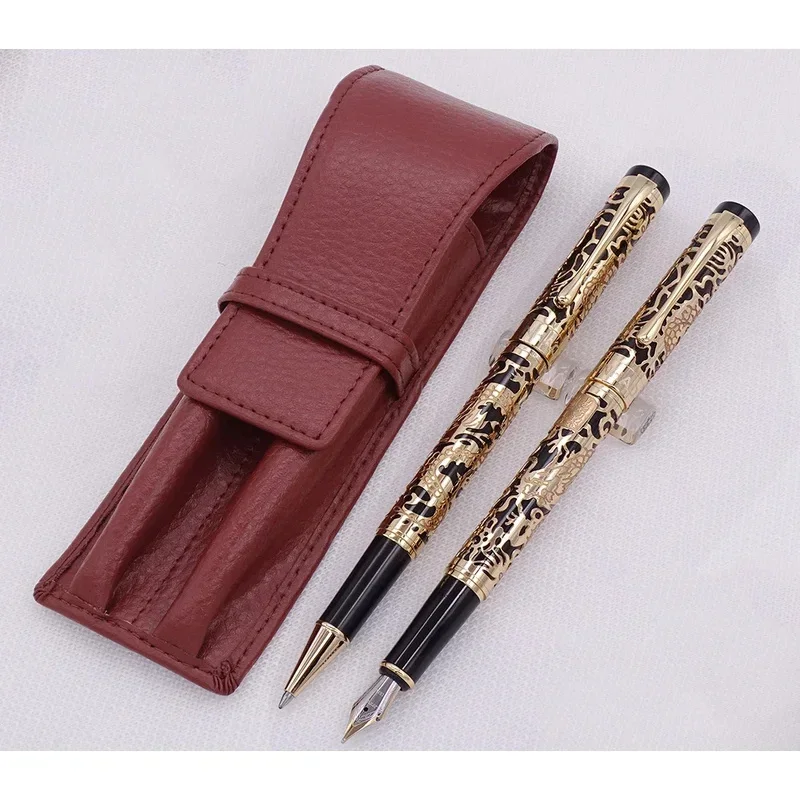 

Новая перьевая ручка и ручка-роллер Jinhao 5000 черно-золотого цвета с кожаным пеналом из натуральной кожи, чехол для ручек из мытой воловьей кожи для письма