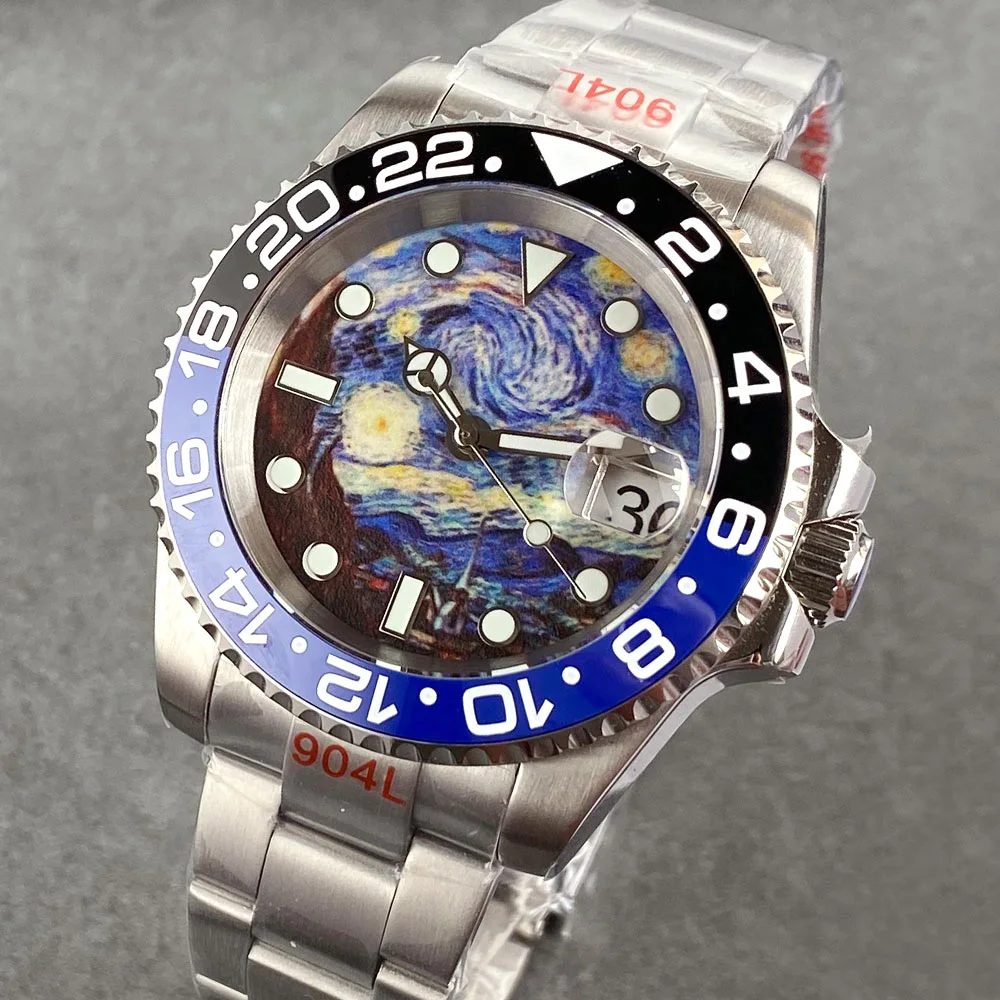 Tandorio 40mm Automatic Men\'s Wristwatch NH35 Movement Starry Design Dial 120 Clicks Rotating Bezel Bracelet Band