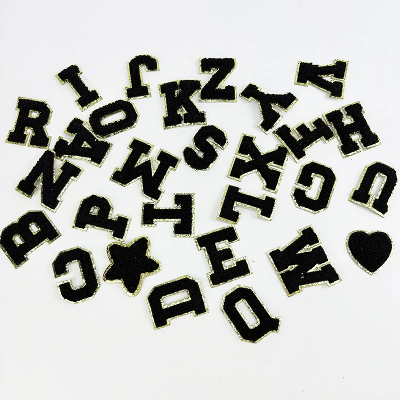 Black Letters Sticker Patch Alphabet Towel Embroidered Chenille Patches for Clothing Bags Jacket Stick on Accessories Applique