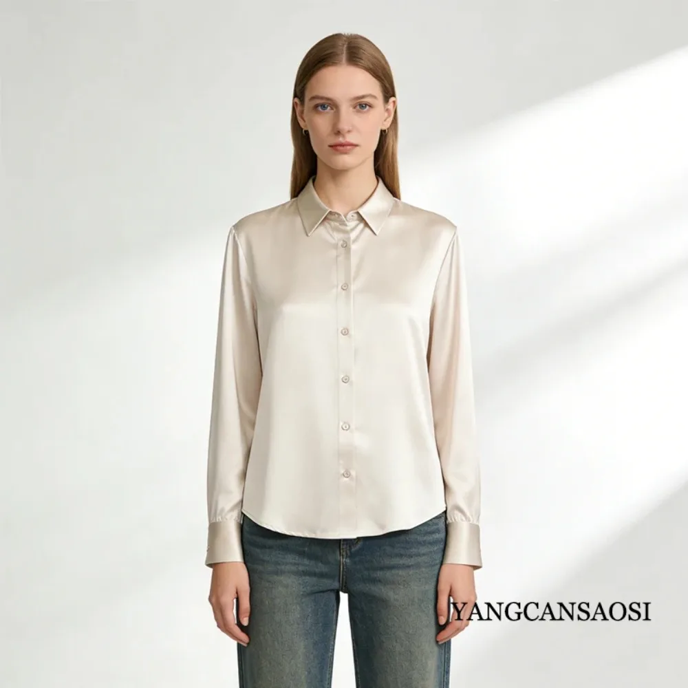 Chemise à manches longues en Satin de soie de mûrier 100% naturelle, 35MM, simple boutonnage, respectueuse de la peau, col POLO confortable