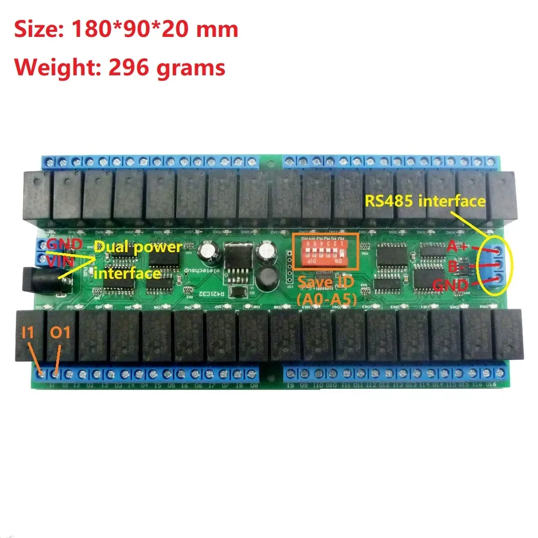 R421C32 Relay Board  RS485 Bus Remote Control Switch 32CH DC 12V RS485 Modbus RTU For LED Motor PLC PTZ Camera