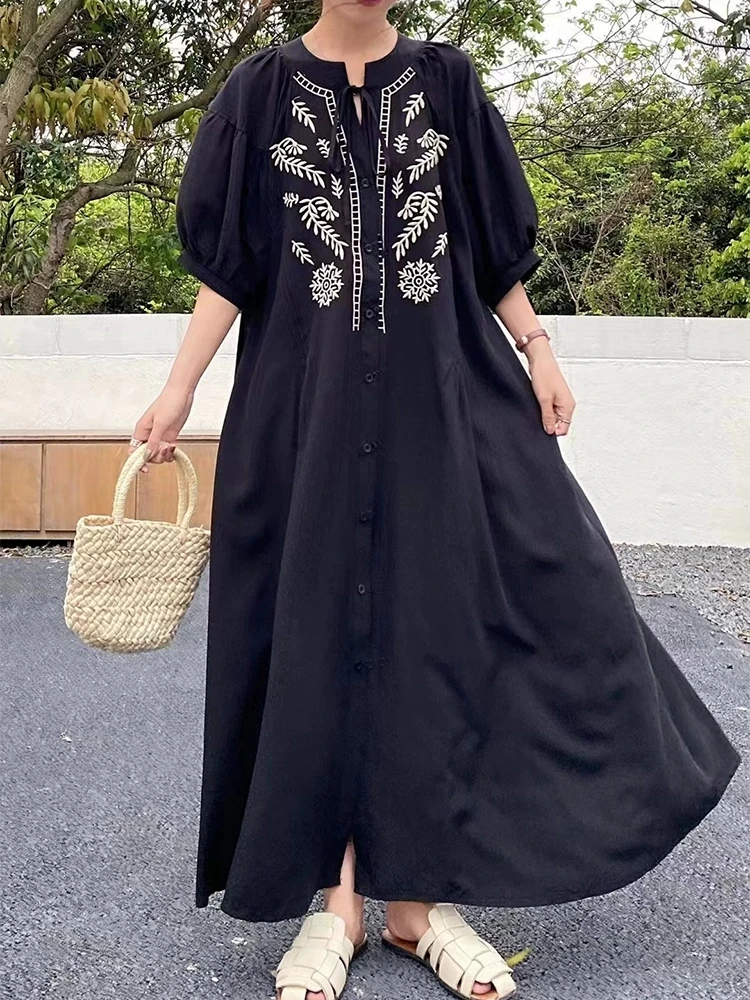 Luxury Court Style Buttons-down Embroidered Dress for Women Half Sleeves Casual Loose Fairy Long Dresses Boho Maxi Dresses