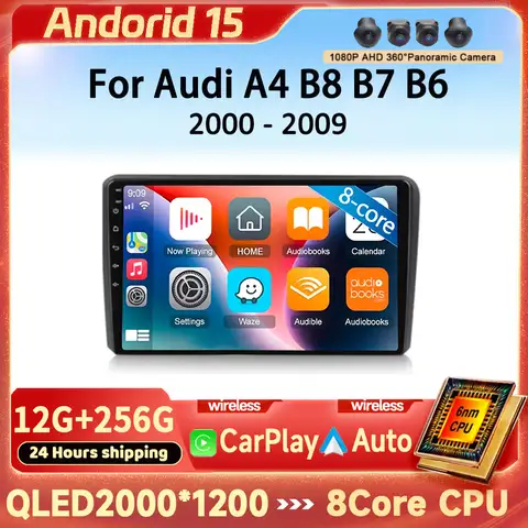 안드로이드 15 카플레이 오토 카 라디오 아우디 A4 B8 B7 B6 S4 RS4 SEAT 엑세오 2000-2009 멀티미디어 GPS 비디오 플레이어 스테레오 헤드 유닛