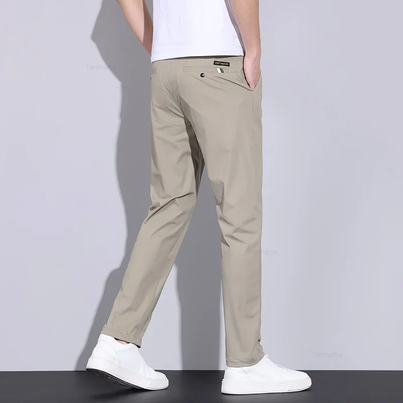 Summer Thin Men\'s Ice Silk Casual Pants High Elasticity Soft Cosy Business Straight Trousers High Quality Man Clothing Khaki