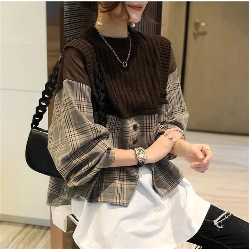 Women Korean Fashion Plaid Patchwork Oversized Asymmetrical Blouses Y2K Female Casual Streetwear Long Sleeve Fake Two Piece Tops