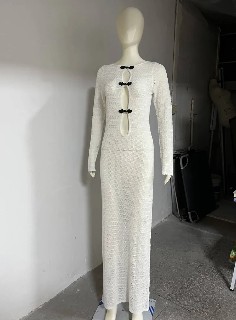 청삼 단추 홀로우 아웃 니트 맥시 드레스 여성 섹시 레이스업 백리스 스플릿 클럽 파티 롱 로브 홀리데이 비치 커버업