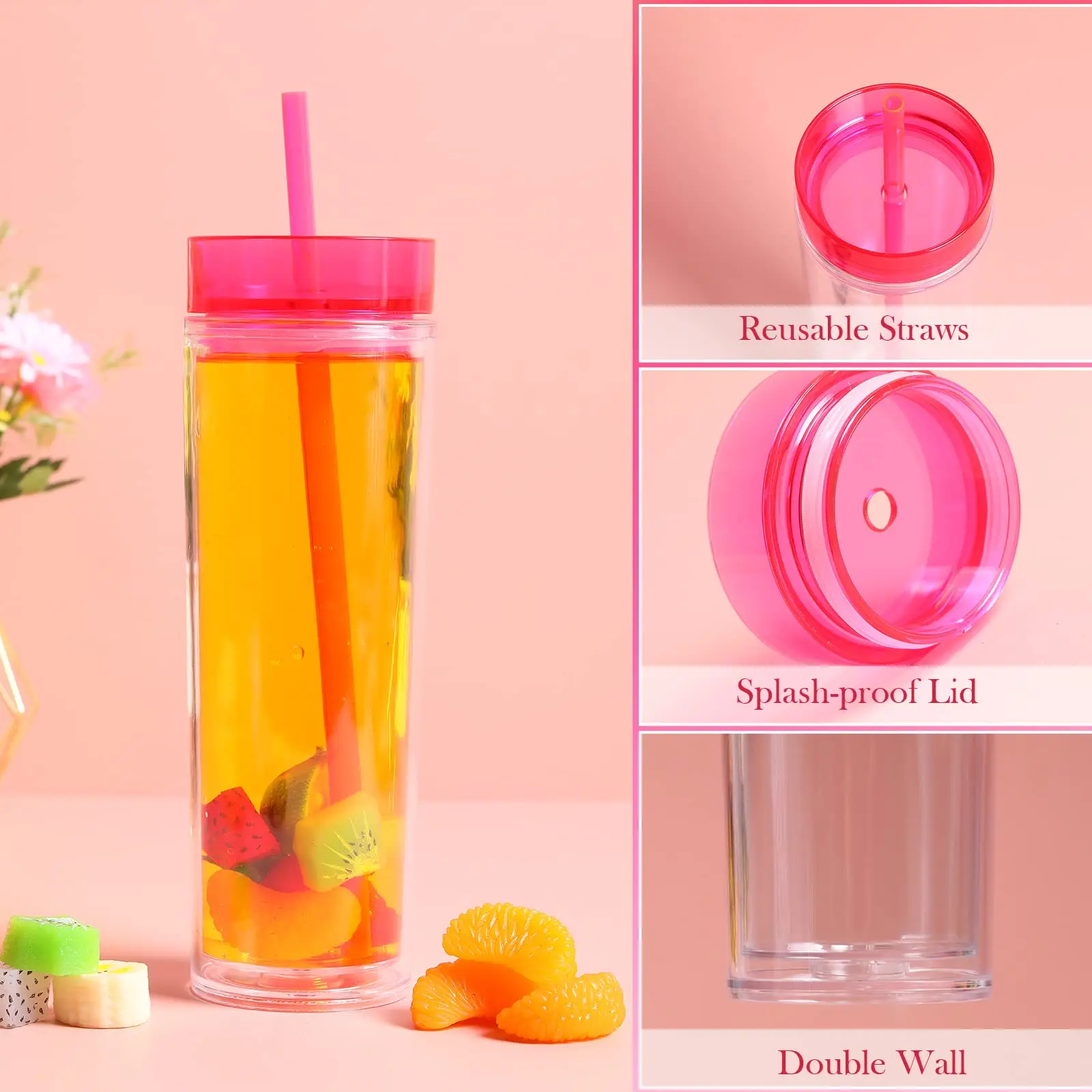 450ml Colorful Straw Cup,Skinny Clear Coffee Cup,Summer Ice Water Bottle,Double Wall Plastic Drinkware for Juice Shakes Smoothie