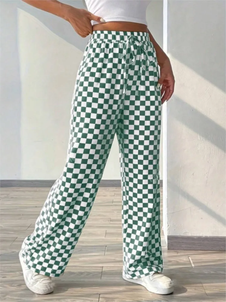 New Women Checkered Printed Stright Wide Leg Pants Spring Autumn Fashion Casual Elastic Waist Lace Up Female Loose Pants