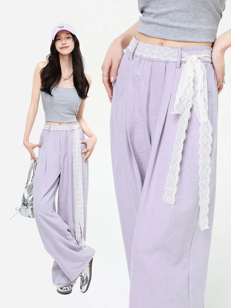 Koreanischen Stil frauen Breite Bein Hosen Sommer Hohe Taille Lose Bodenlangen Gerade Hosen mit Spitze Streamer Casual Hosen