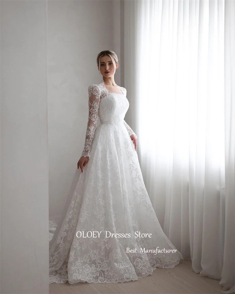 OLOEY Modest Long Sleeves Full Lace Wedding Dresses Square Neck Sweep Train Bridal Gowns Vestido de noiva Dubai Arabic Women