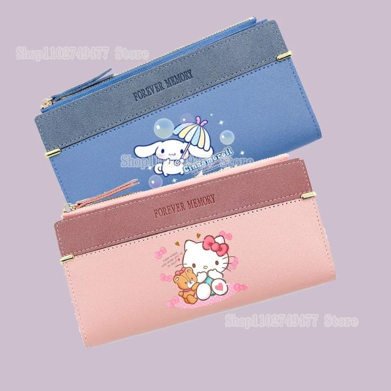 Sanrio Hello Kitty Long Folding Wallet Cartoon Cute Cinnamoroll Kuromi Large Capacity Multi Card Folding Coin Purse Phone Bag