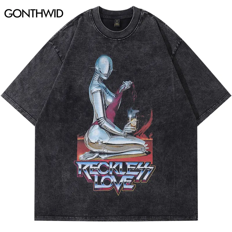 

Hip Hop Oversized Tshirt Y2K Vintage Robot Graphic Print Washed T-Shirt Streetwear 2023 Men Harajuku Punk Gothic Oversize Top