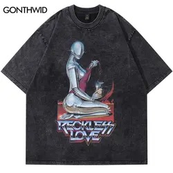 Hip Hop Oversized Tshirt Y2K Vintage Robot Graphic Print Washed T-Shirt Streetwear 2023 Men Harajuku Punk Gothic Oversize Top