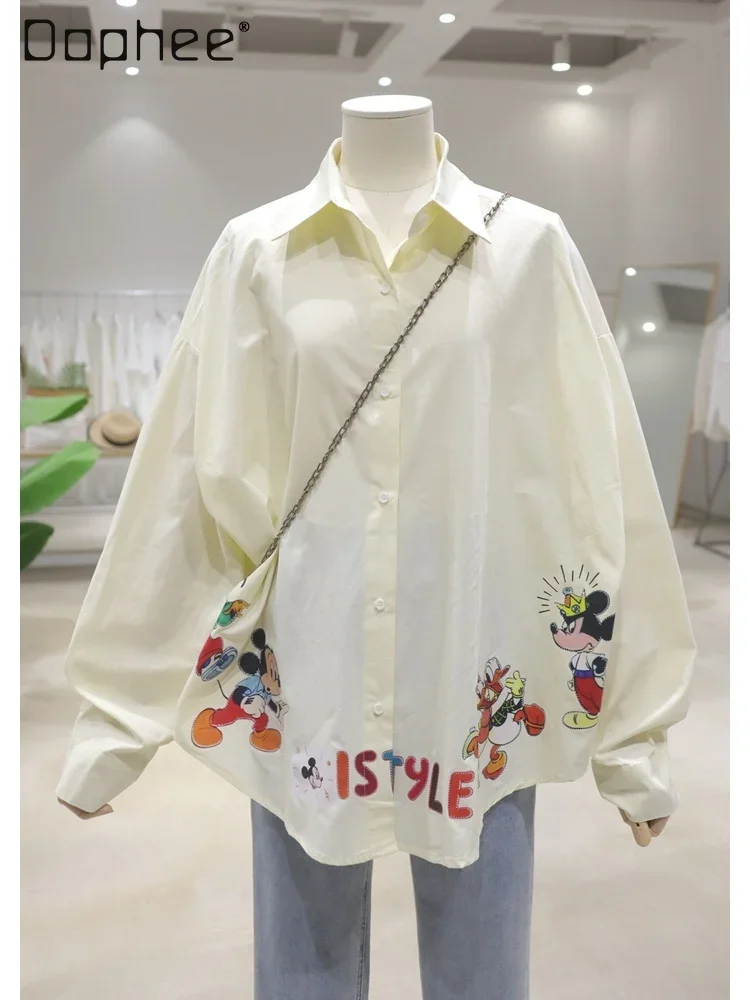 Exquisite Cartoon Print Long-sleeved Shirt 2024 Early Autumn New Loose Versatile Cotton Oversized Womens Tops and Blouses