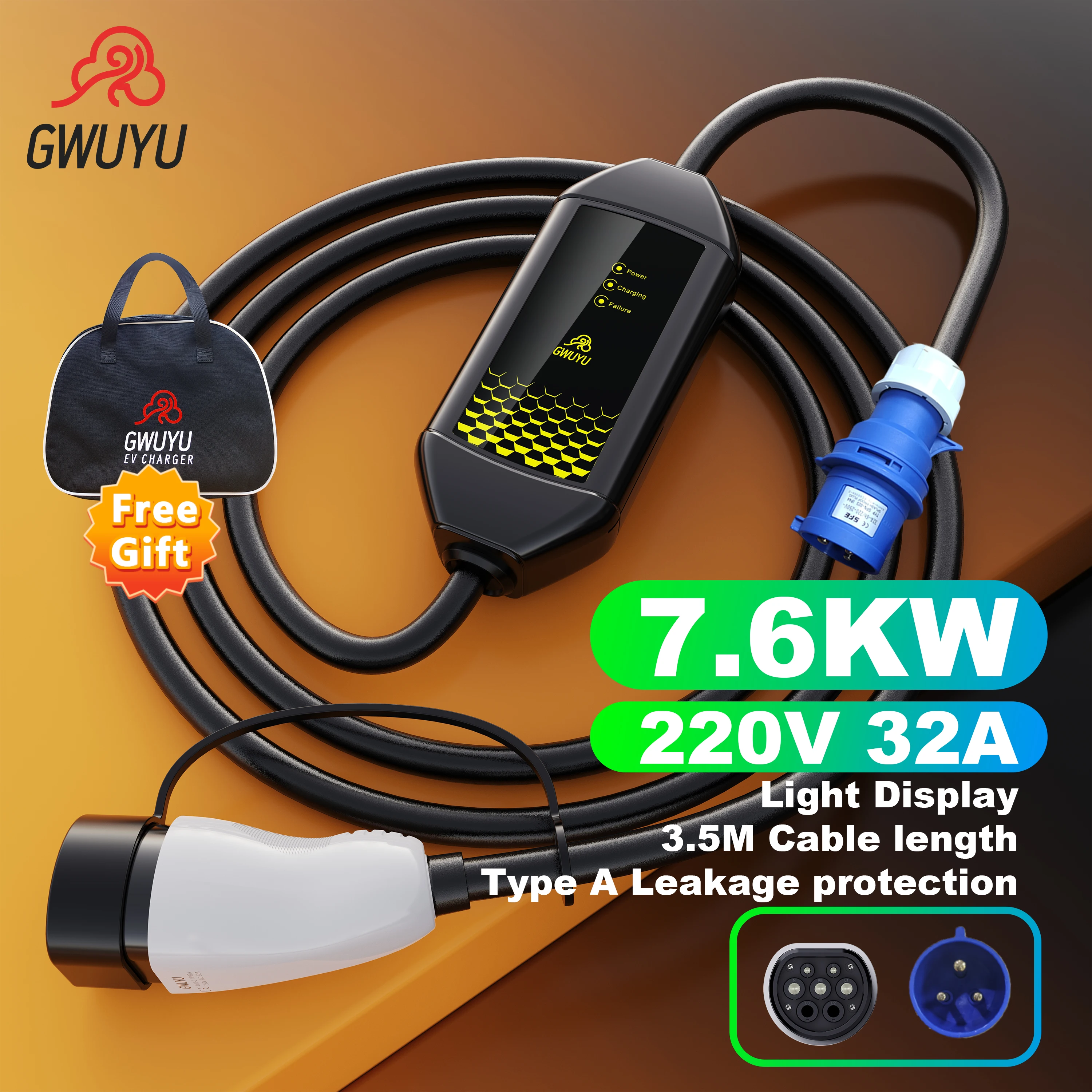 Portable Electric Vehicle Charger GWUYU M62 7.6KW 32A 220V 3.5m Charging Cable Indicator Light for Type 2 Electric Vehicle Cars