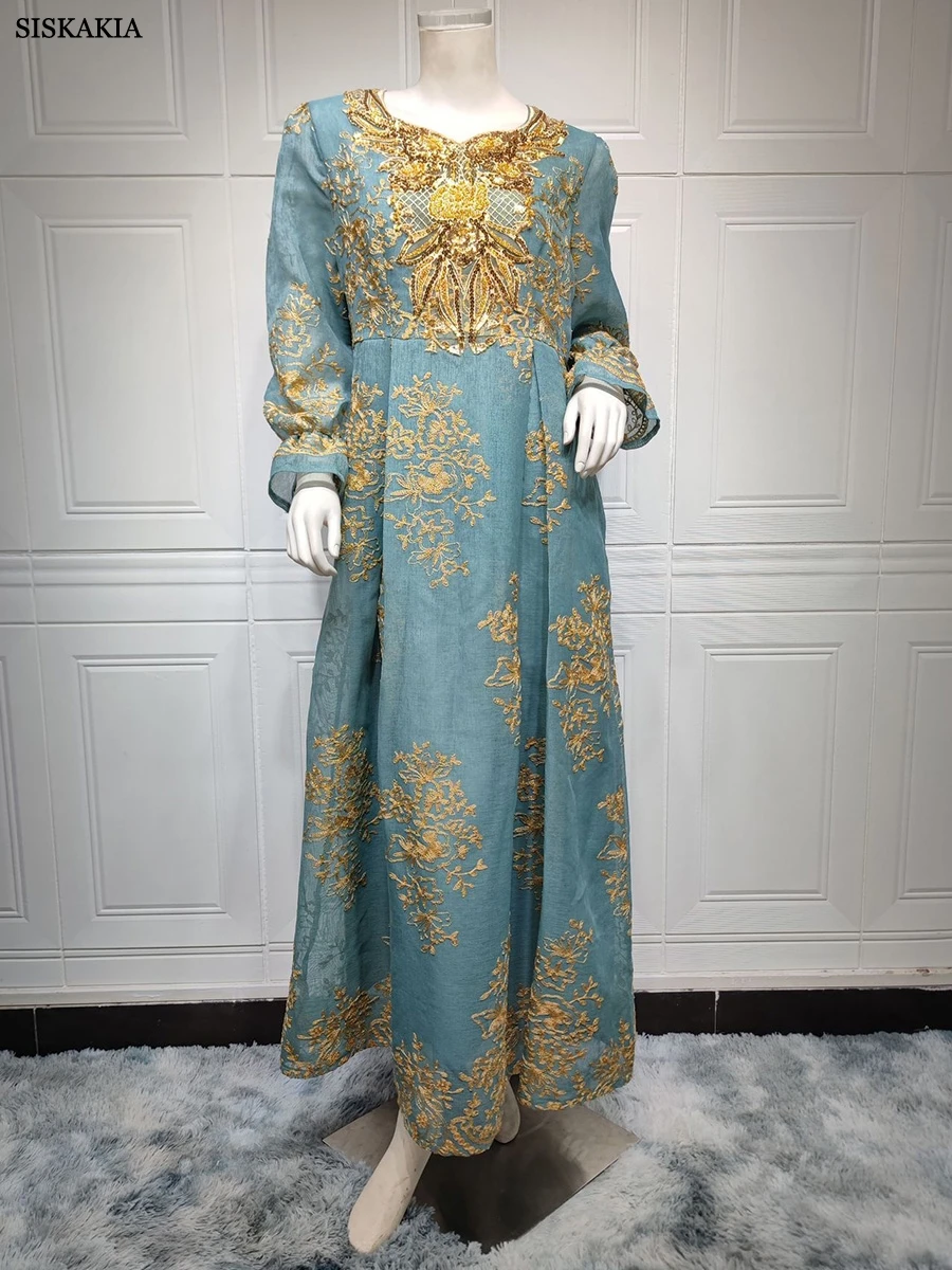 Siskakia Arab Dubai Embroidery Applique Moroccan Kaftan Corban Eid Al Adha 2023 New Muslim Party Dinner Robe Women Abaya Dress