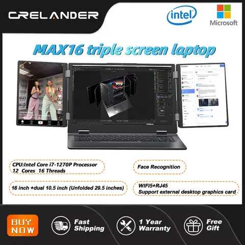 CRELANDER MAX16 새로운 노트북 트리플 스크린 인텔 코어 i7 CPU 16인치 + 듀얼 10.5인치 얼굴 인식 RJ45 M2 SSD 노트북 노트북