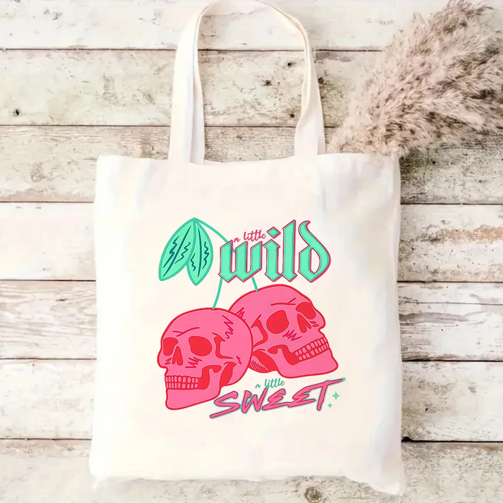 

Trendy Y2K Skull Cherry Canvas Tote Bag A Little Wild Sweet Quote Gothic Graphic Reusable Beach Travel Shoulder Handbag Bag