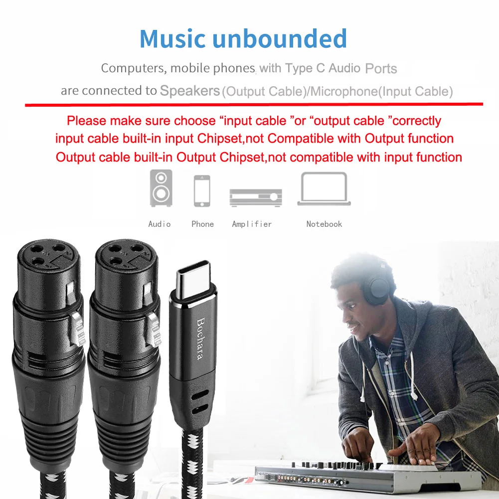 Bochara Braided Type C ถึง Dual XLR หญิง OFC เอาต์พุต/อินพุตสายสัญญาณเสียงชิปเซ็ตในตัวฟอยล์ + Braided Shielded 1.5m